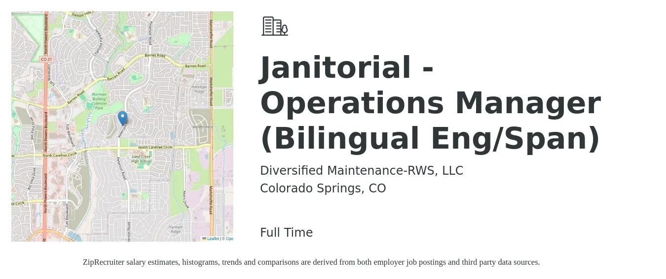 Diversified Maintenance-RWS, LLC job posting for a Janitorial - Operations Manager (Bilingual Eng/Span) in Colorado Springs, CO with a salary of $38,500 to $72,800 Yearly with a map of Colorado Springs location.