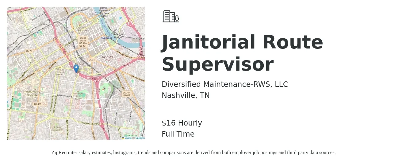 Diversified Maintenance-RWS, LLC job posting for a Janitorial Route Supervisor in Nashville, TN with a salary of $17 Hourly with a map of Nashville location.