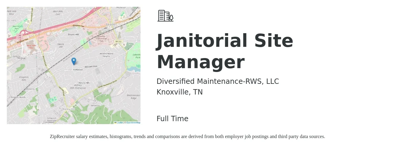 Diversified Maintenance-RWS, LLC job posting for a Janitorial Site Manager in Knoxville, TN with a salary of $47,700 to $115,500 Yearly with a map of Knoxville location.
