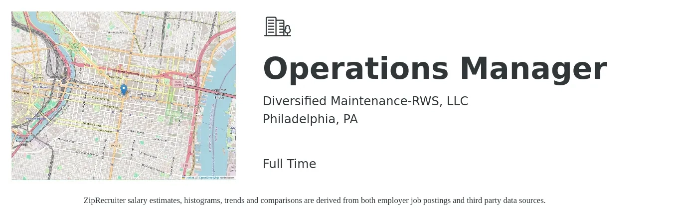 Diversified Maintenance-RWS, LLC job posting for a Operations Manager in Philadelphia, PA with a salary of $39,200 to $74,100 Yearly with a map of Philadelphia location.