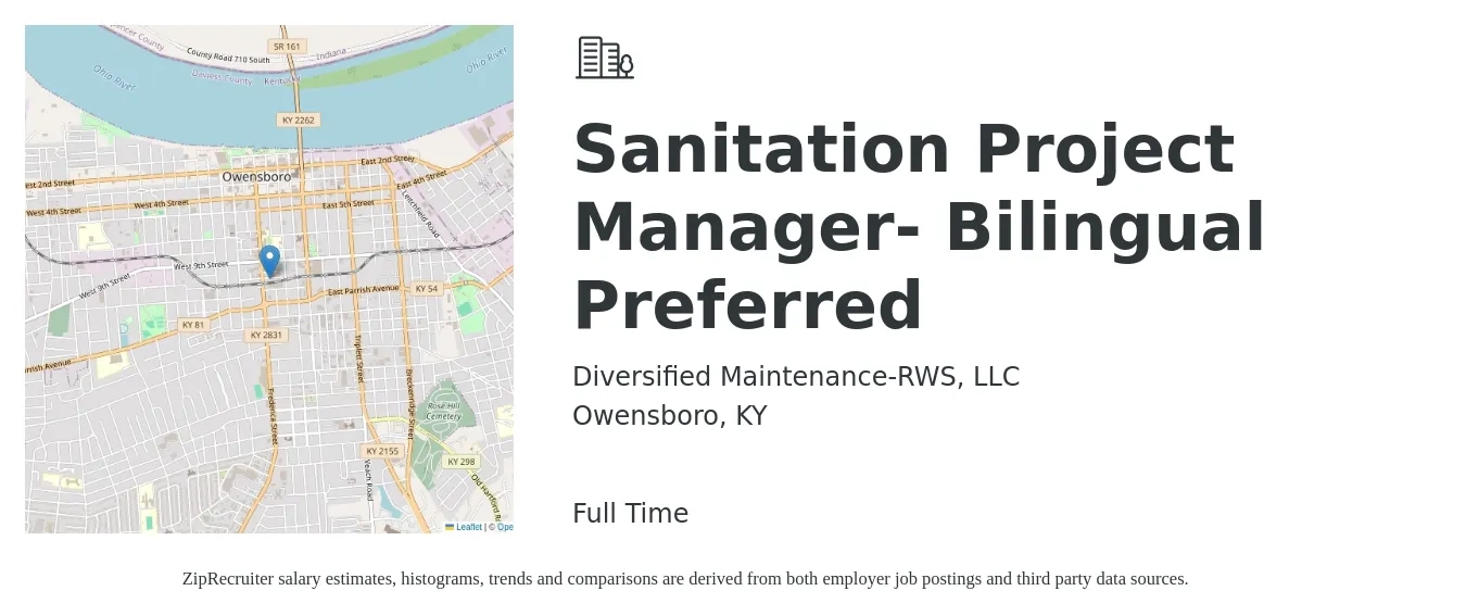 Diversified Maintenance-RWS, LLC job posting for a Sanitation Project Manager- Bilingual Preferred in Owensboro, KY with a salary of $48,500 to $73,200 Yearly with a map of Owensboro location.
