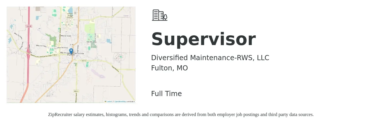 Diversified Maintenance-RWS, LLC job posting for a Supervisor in Fulton, MO with a salary of $19 to $33 Hourly with a map of Fulton location.