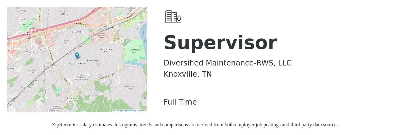 Diversified Maintenance-RWS, LLC job posting for a Supervisor in Knoxville, TN with a salary of $20 to $34 Hourly with a map of Knoxville location.