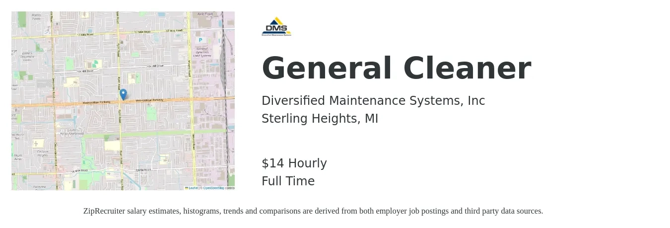 Diversified Maintenance Systems, LLC job posting for a General Cleaner in Sterling Heights, MI with a salary of $15 Hourly with a map of Sterling Heights location.
