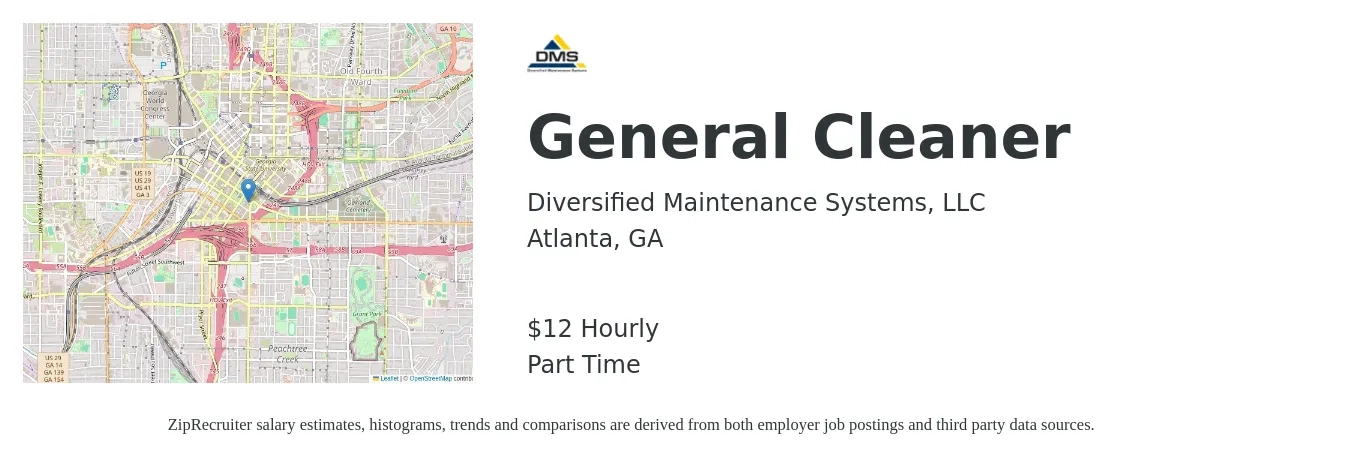 Diversified Maintenance Systems, LLC job posting for a General Cleaner in Atlanta, GA with a salary of $12 Hourly with a map of Atlanta location.