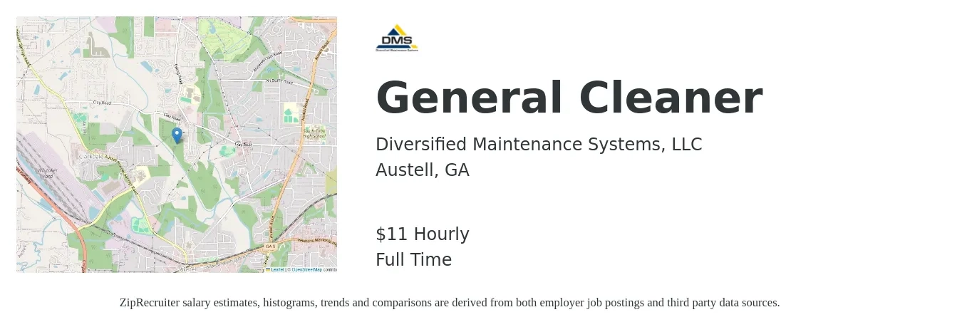 Diversified Maintenance Systems, LLC job posting for a General Cleaner in Austell, GA with a salary of $12 Hourly with a map of Austell location.