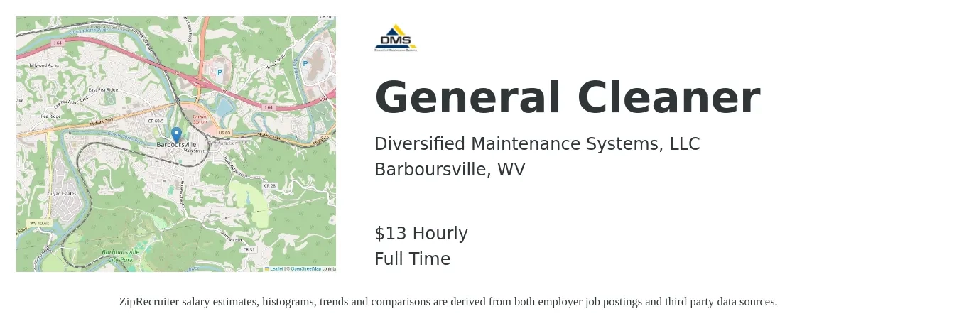 Diversified Maintenance Systems, LLC job posting for a General Cleaner in Barboursville, WV with a salary of $14 Hourly with a map of Barboursville location.