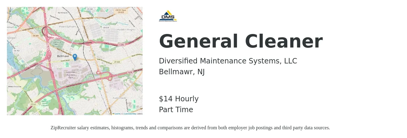Diversified Maintenance Systems, LLC job posting for a General Cleaner in Bellmawr, NJ with a salary of $15 Hourly with a map of Bellmawr location.
