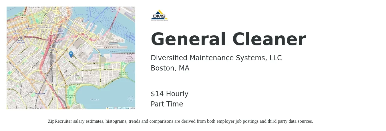 Diversified Maintenance Systems, LLC job posting for a General Cleaner in Boston, MA with a salary of $15 Hourly with a map of Boston location.