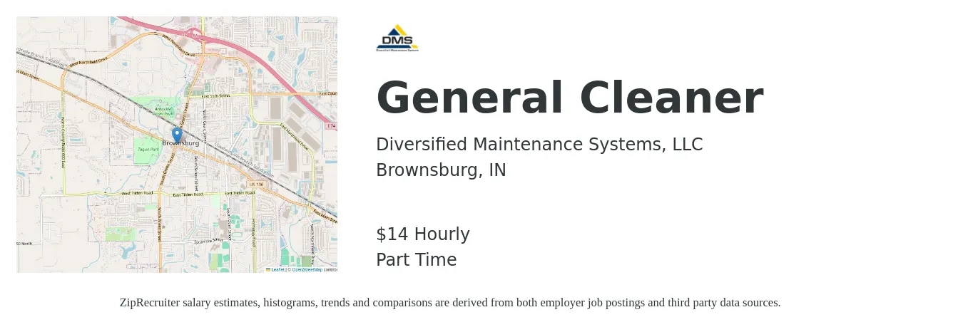 Diversified Maintenance Systems, LLC job posting for a General Cleaner in Brownsburg, IN with a salary of $15 Hourly with a map of Brownsburg location.