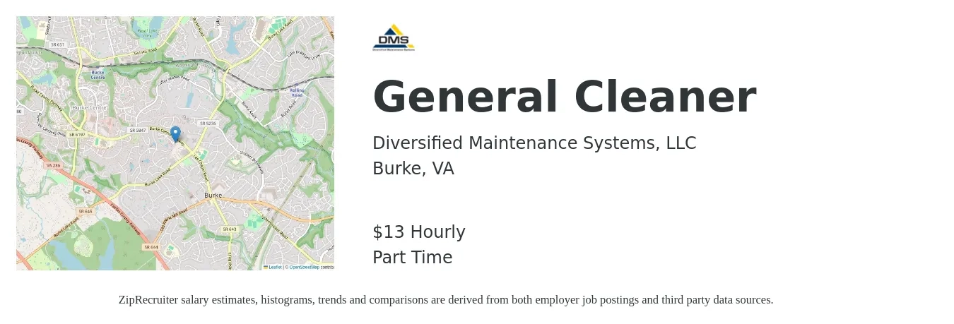 Diversified Maintenance Systems, LLC job posting for a General Cleaner in Burke, VA with a salary of $14 Hourly with a map of Burke location.