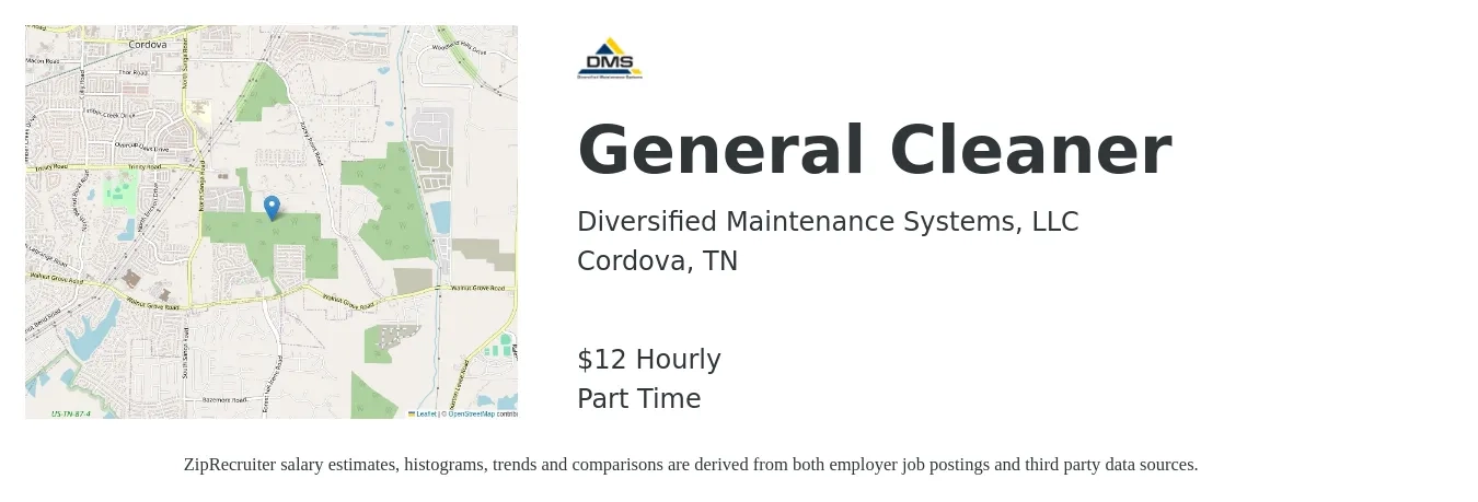 Diversified Maintenance Systems, LLC job posting for a General Cleaner in Cordova, TN with a salary of $13 Hourly with a map of Cordova location.