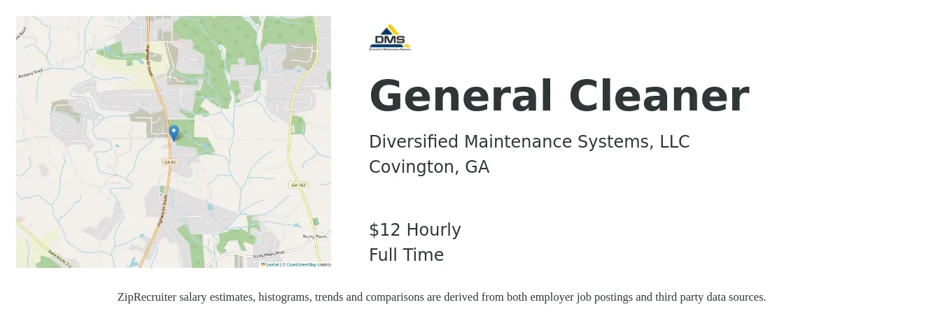 Diversified Maintenance Systems, LLC job posting for a General Cleaner in Covington, GA with a salary of $13 Hourly with a map of Covington location.