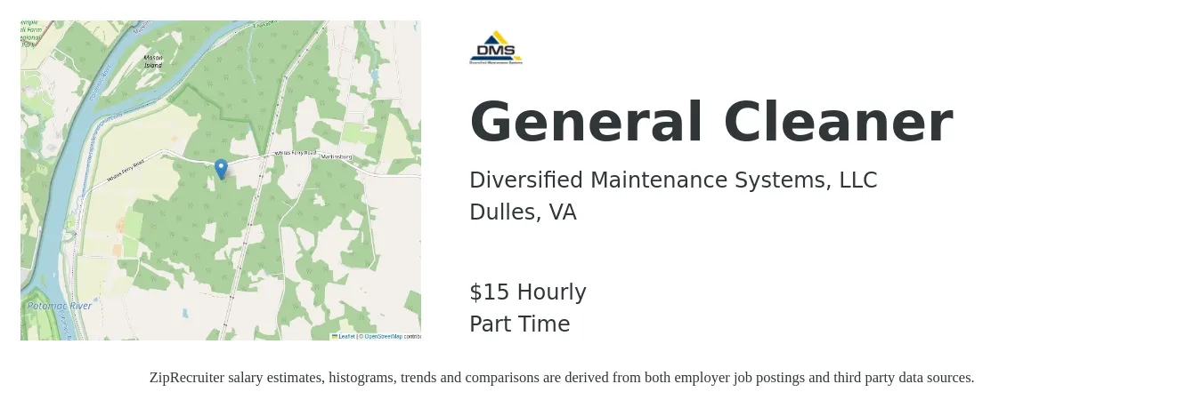 Diversified Maintenance Systems, LLC job posting for a General Cleaner in Dulles, VA with a salary of $16 Hourly with a map of Dulles location.