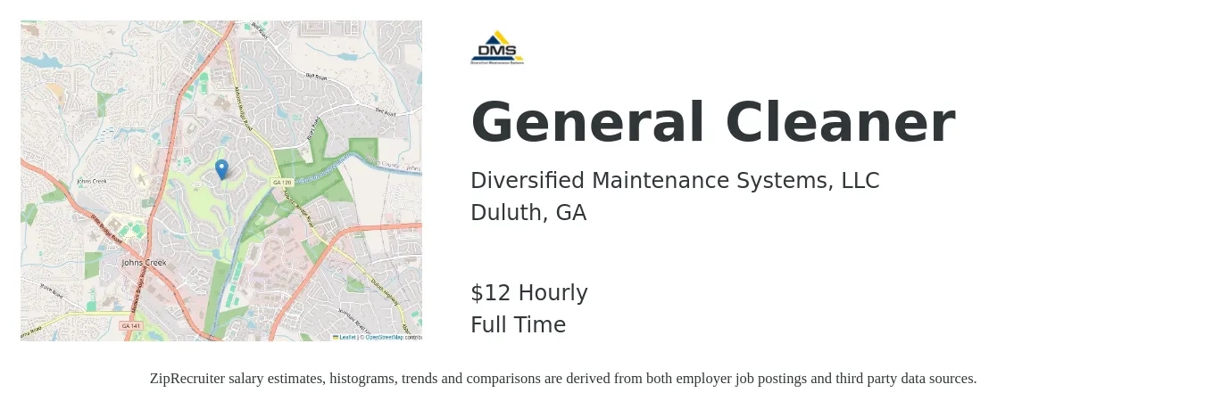 Diversified Maintenance Systems, LLC job posting for a General Cleaner in Duluth, GA with a salary of $13 Hourly with a map of Duluth location.