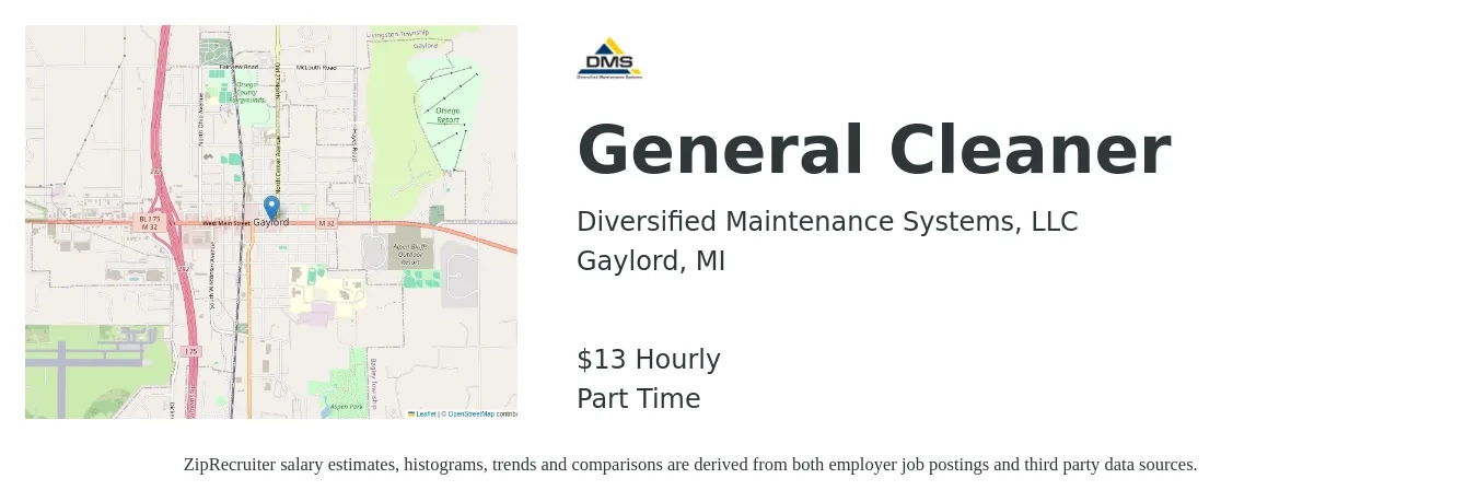 Diversified Maintenance Systems, LLC job posting for a General Cleaner in Gaylord, MI with a salary of $14 Hourly with a map of Gaylord location.