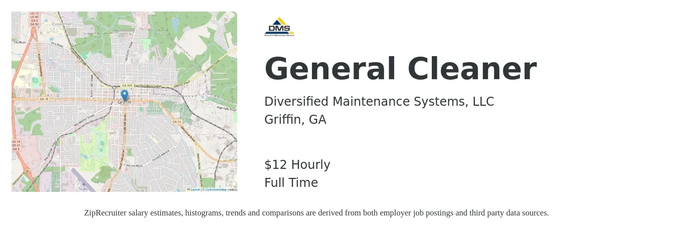Diversified Maintenance Systems, LLC job posting for a General Cleaner in Griffin, GA with a salary of $13 Hourly with a map of Griffin location.