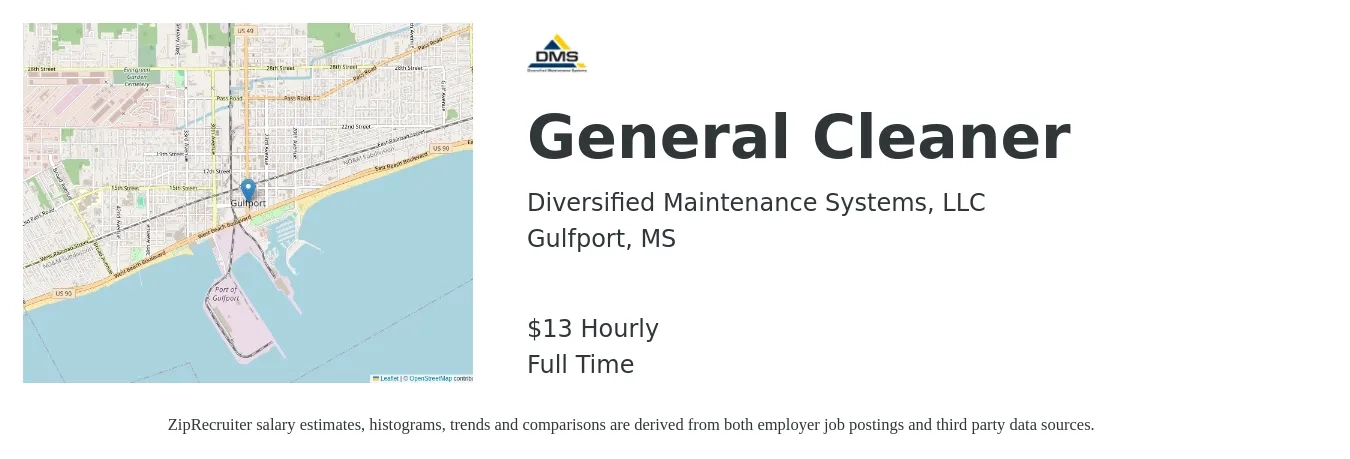 Diversified Maintenance Systems, LLC job posting for a General Cleaner in Gulfport, MS with a salary of $14 Hourly with a map of Gulfport location.