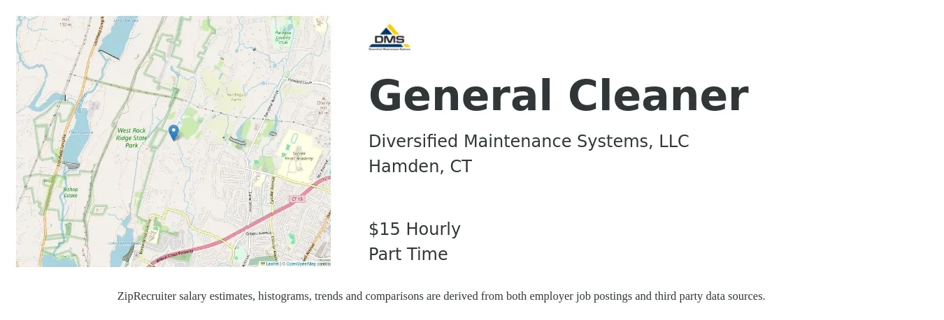 Diversified Maintenance Systems, LLC job posting for a General Cleaner in Hamden, CT with a salary of $16 Hourly with a map of Hamden location.
