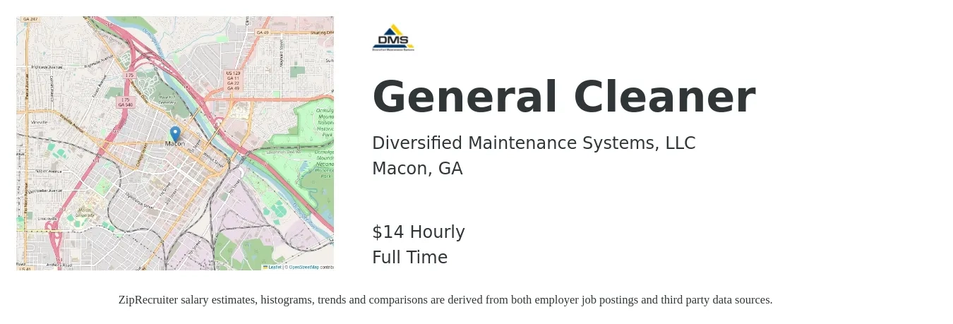 Diversified Maintenance Systems, LLC job posting for a General Cleaner in Macon, GA with a salary of $14 Hourly with a map of Macon location.