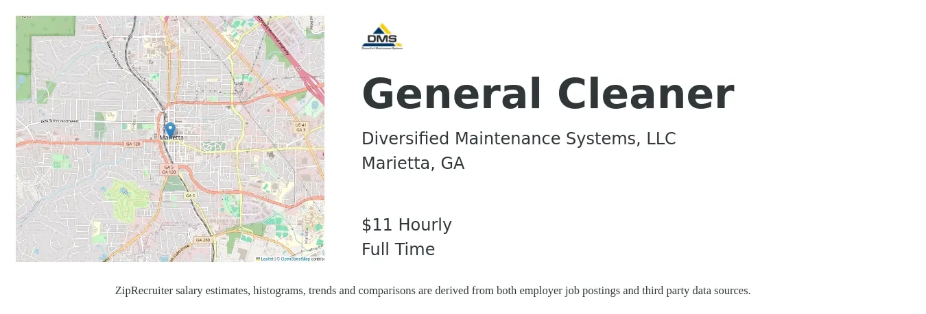 Diversified Maintenance Systems, LLC job posting for a General Cleaner in Marietta, GA with a salary of $12 Hourly with a map of Marietta location.