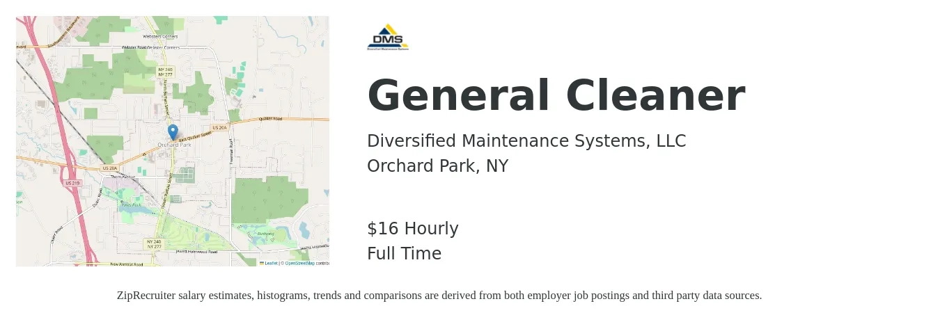 Diversified Maintenance Systems, LLC job posting for a General Cleaner in Orchard Park, NY with a salary of $17 Hourly with a map of Orchard Park location.