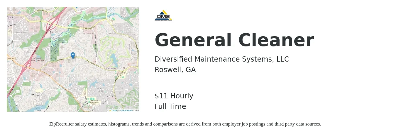 Diversified Maintenance Systems, LLC job posting for a General Cleaner in Roswell, GA with a salary of $12 Hourly with a map of Roswell location.