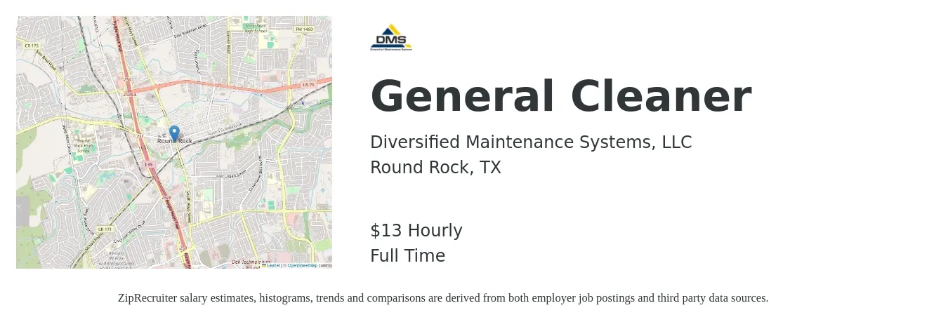 Diversified Maintenance Systems, LLC job posting for a General Cleaner in Round Rock, TX with a salary of $14 Hourly with a map of Round Rock location.