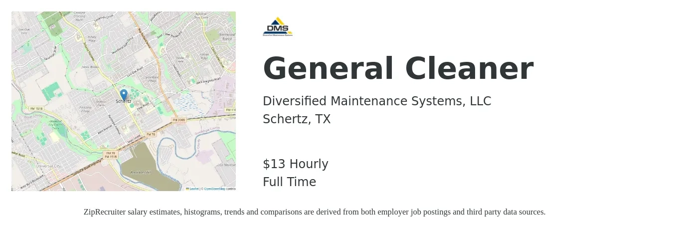 Diversified Maintenance Systems, LLC job posting for a General Cleaner in Schertz, TX with a salary of $14 Hourly with a map of Schertz location.