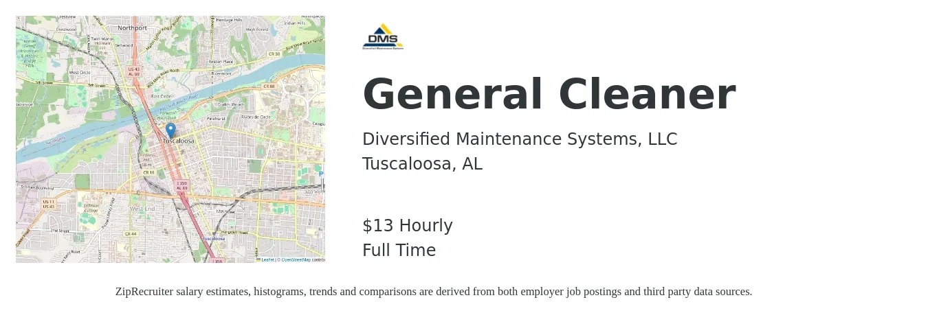 Diversified Maintenance Systems, LLC job posting for a General Cleaner in Tuscaloosa, AL with a salary of $14 Hourly with a map of Tuscaloosa location.