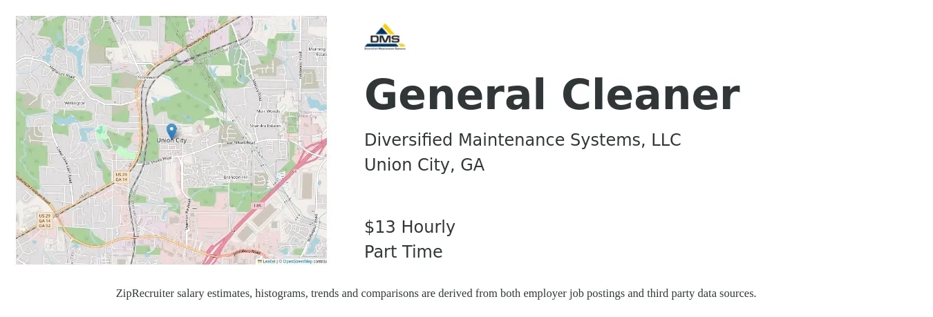 Diversified Maintenance Systems, LLC job posting for a General Cleaner in Union City, GA with a salary of $14 Hourly with a map of Union City location.