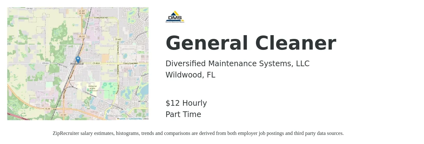 Diversified Maintenance Systems, LLC job posting for a General Cleaner in Wildwood, FL with a salary of $14 Hourly with a map of Wildwood location.