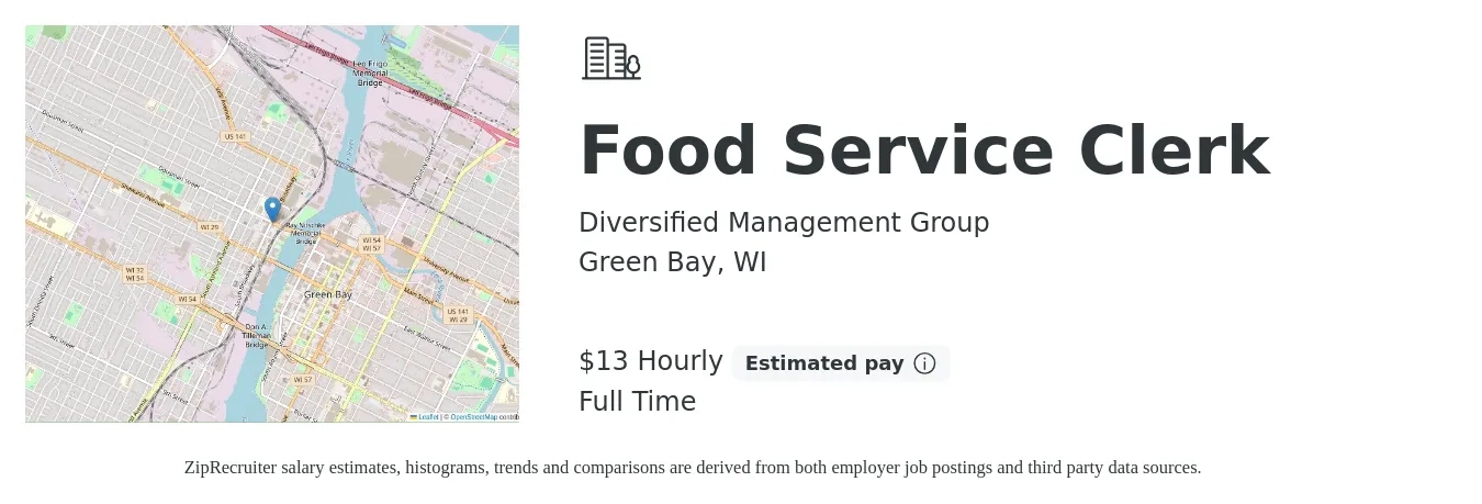 Diversified Management Group job posting for a Food Service Clerk in Green Bay, WI with a salary of $14 Hourly with a map of Green Bay location.