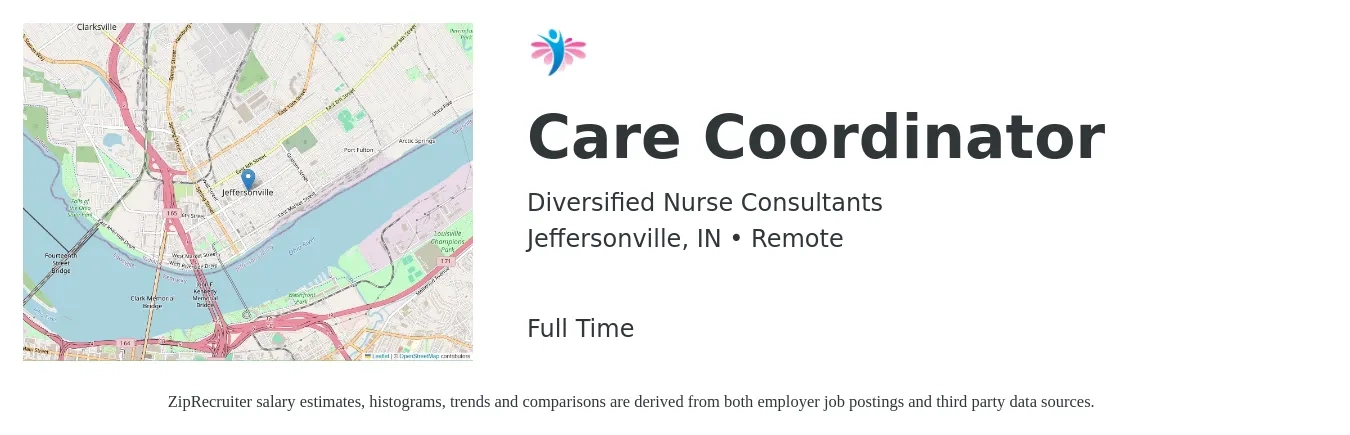 Diversified Nurse Consultants job posting for a Care Coordinator in Jeffersonville, IN with a salary of $18 to $25 Hourly with a map of Jeffersonville location.