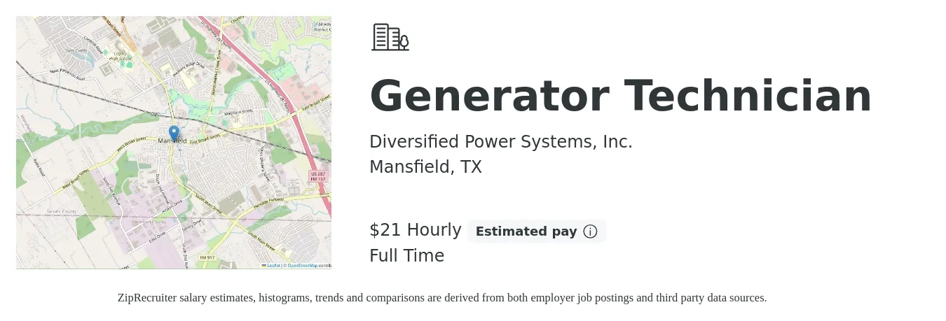 Diversified Power Systems, Inc. job posting for a Generator Technician in Mansfield, TX with a salary of $22 Hourly with a map of Mansfield location.