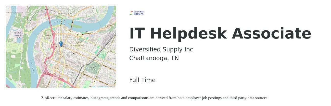 Diversified Supply Inc job posting for a IT Helpdesk Associate in Chattanooga, TN with a salary of $18 to $25 Hourly with a map of Chattanooga location.