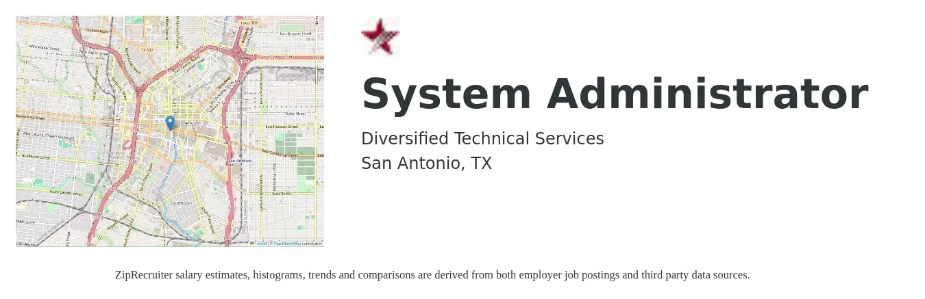 Diversified Technical Services job posting for a System Administrator in San Antonio, TX with a salary of $63,100 to $93,800 Yearly with a map of San Antonio location.