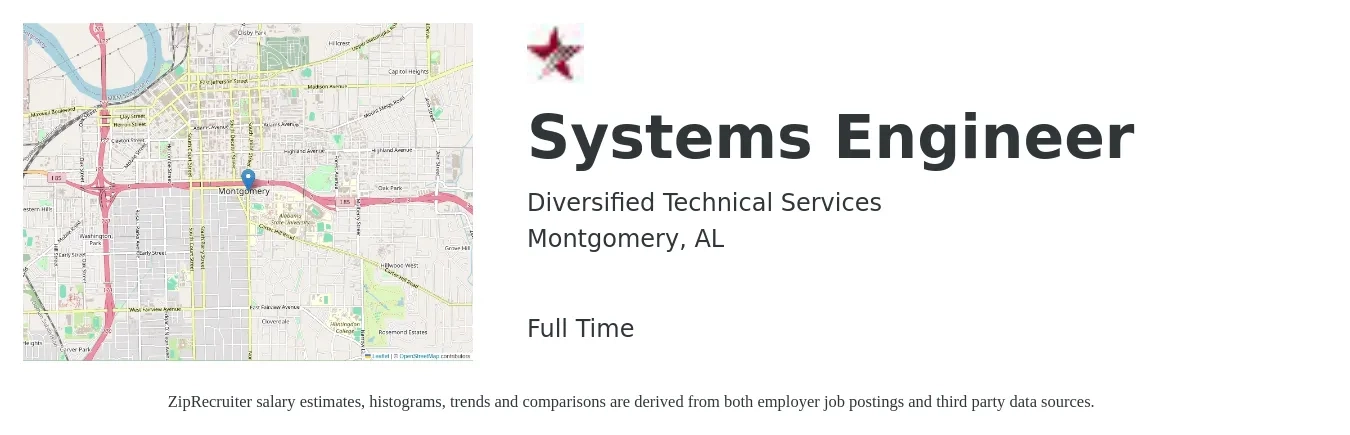 Diversified Technical Services job posting for a Systems Engineer in Montgomery, AL with a salary of $78,200 to $125,300 Yearly with a map of Montgomery location.