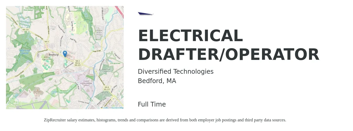 Diversified Technologies job posting for a ELECTRICAL DRAFTER/OPERATOR in Bedford, MA with a salary of $27 to $34 Hourly with a map of Bedford location.