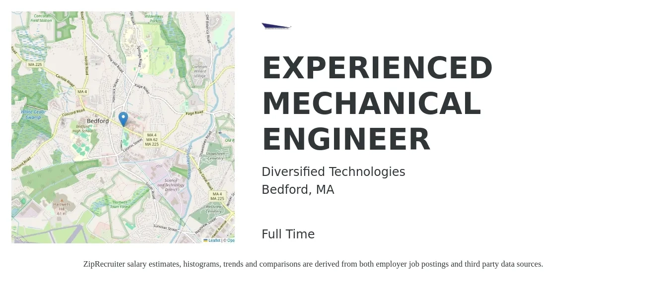 Diversified Technologies job posting for a EXPERIENCED MECHANICAL ENGINEER in Bedford, MA with a salary of $85,700 to $133,000 Yearly with a map of Bedford location.