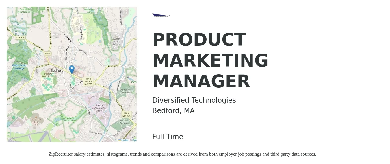 Diversified Technologies job posting for a PRODUCT MARKETING MANAGER in Bedford, MA with a salary of $161,900 Yearly with a map of Bedford location.
