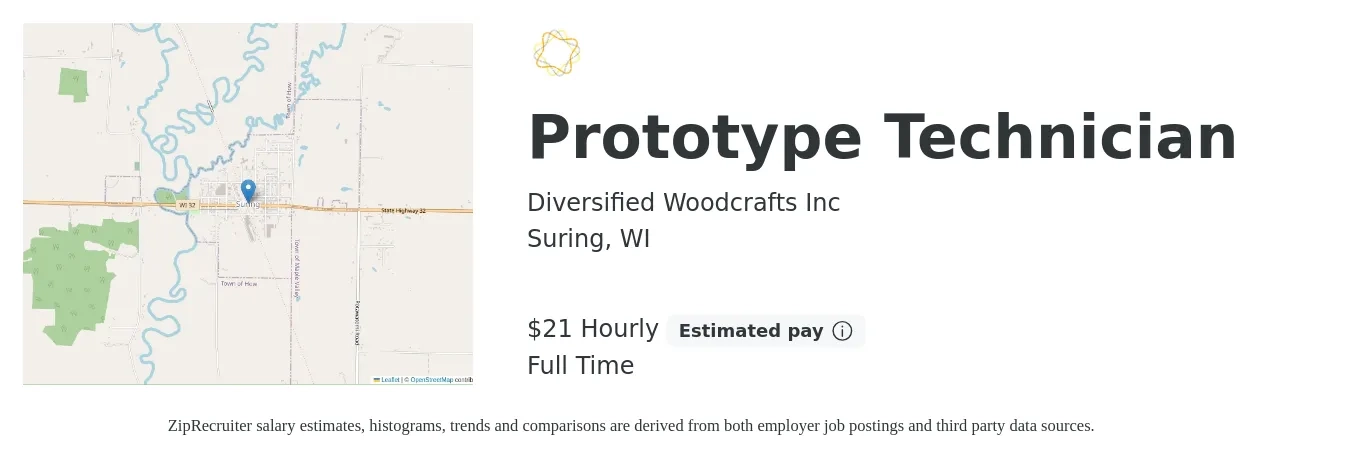 Diversified Woodcrafts Inc job posting for a Prototype Technician in Suring, WI with a salary of $22 Hourly with a map of Suring location.