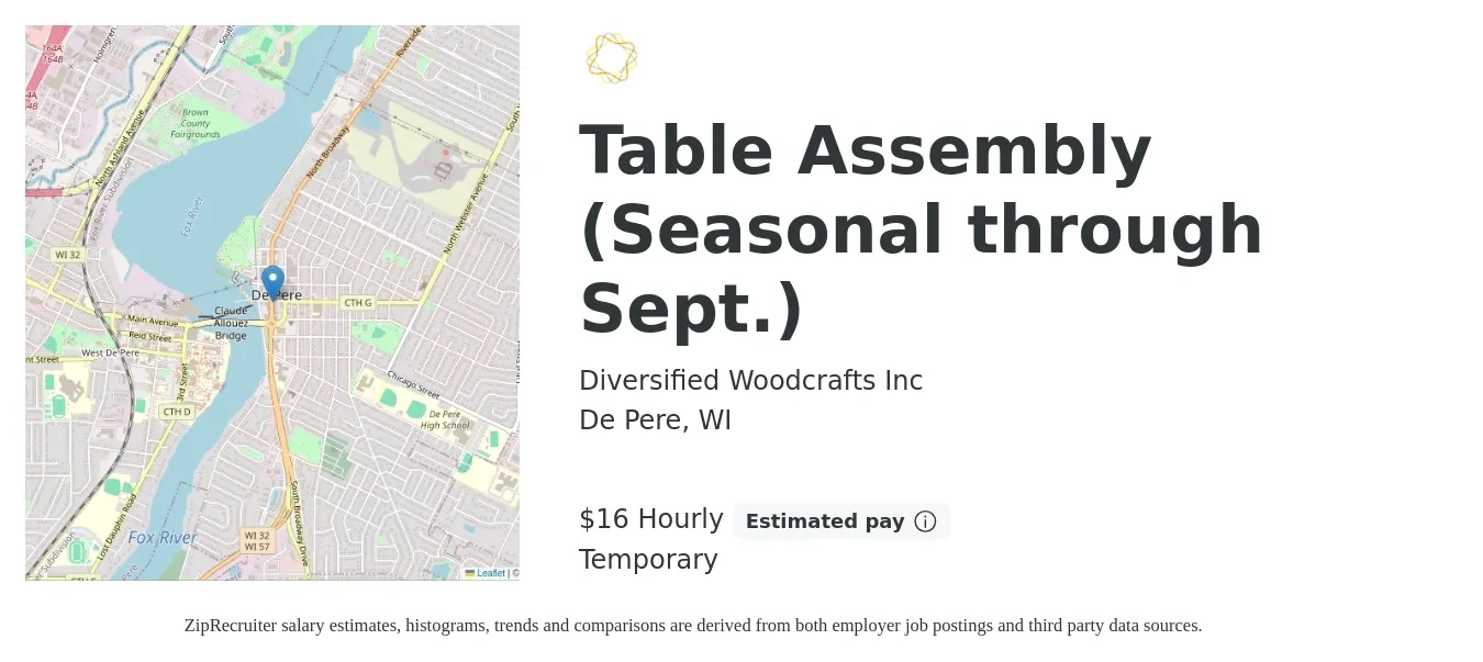 Diversified Woodcrafts Inc job posting for a Table Assembly (Seasonal through Sept.) in De Pere, WI with a salary of $18 Hourly with a map of De Pere location.