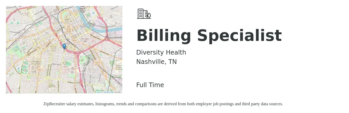 Diversity Health job posting for a Billing Specialist in Nashville, TN with a salary of $19 to $25 Hourly with a map of Nashville location.