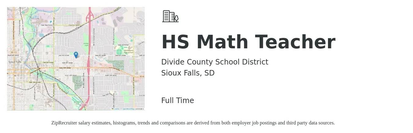 Divide County School District job posting for a HS Math Teacher in Sioux Falls, SD with a salary of $46,800 to $61,200 Yearly with a map of Sioux Falls location.