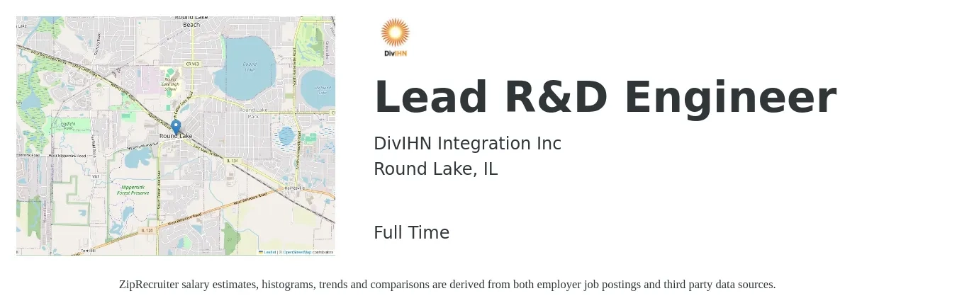 DivIHN Integration Inc job posting for a Lead R&D Engineer in Round Lake, IL with a salary of $113,700 to $165,900 Yearly with a map of Round Lake location.