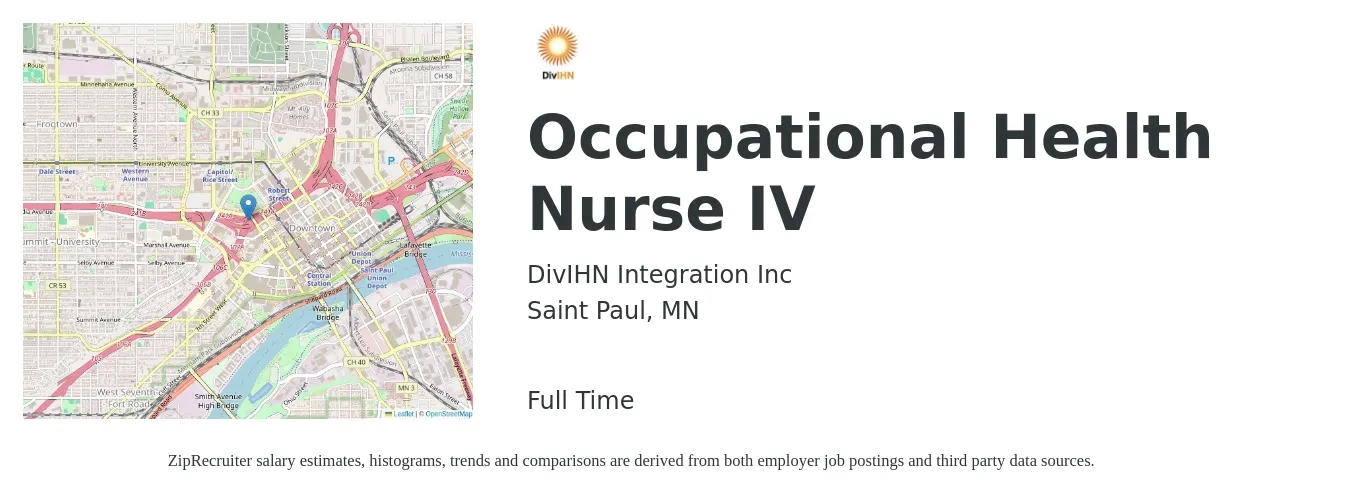 DivIHN Integration Inc job posting for a Occupational Health Nurse IV in Saint Paul, MN with a salary of $72,300 to $99,100 Yearly with a map of Saint Paul location.