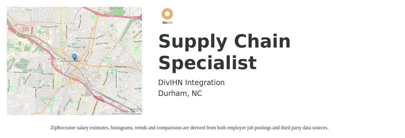 DivIHN Integration job posting for a Supply Chain Specialist in Durham, NC with a salary of $23 to $36 Hourly with a map of Durham location.