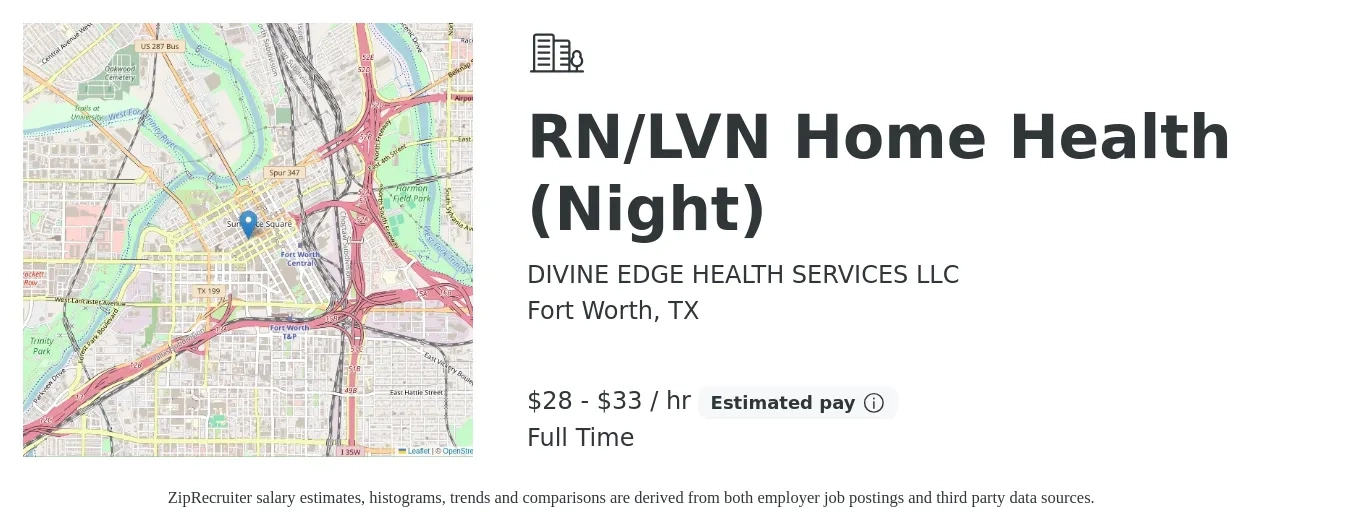 DIVINE EDGE HEALTH SERVICES LLC job posting for a RN/LVN Home Health (Night) in Fort Worth, TX with a salary of $30 to $35 Hourly with a map of Fort Worth location.