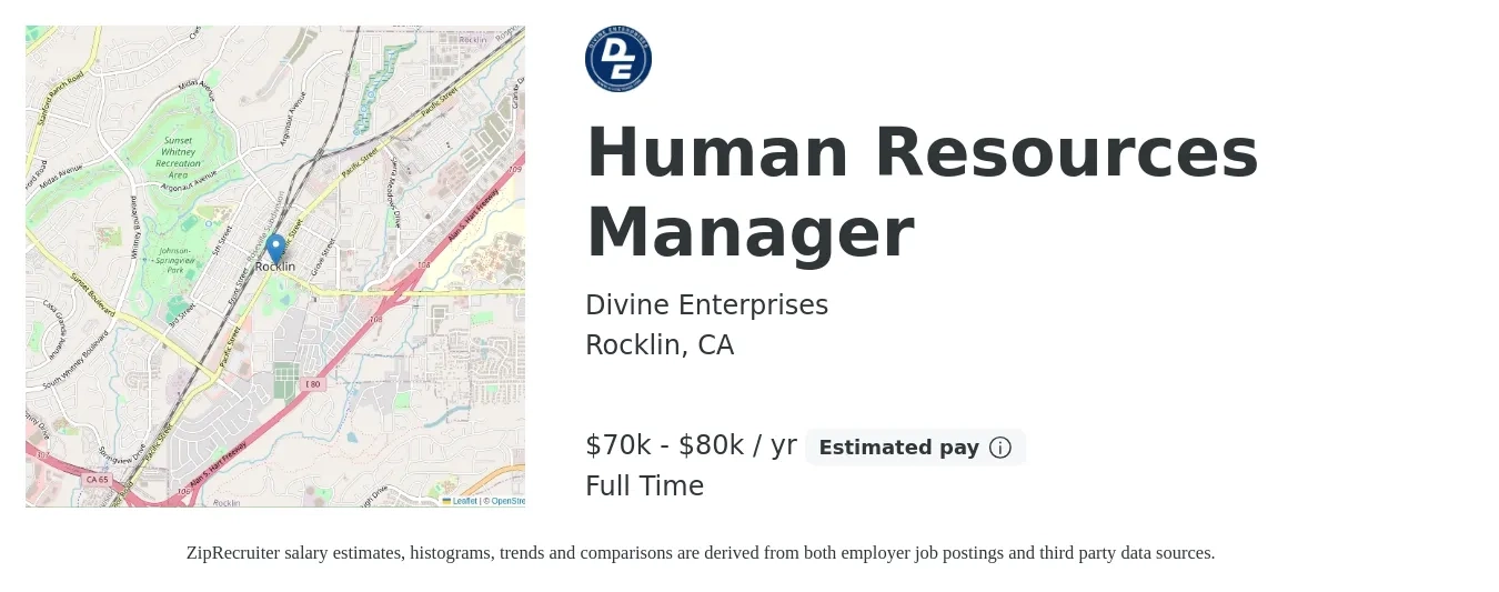 Divine Enterprises job posting for a Human Resources Manager in Rocklin, CA with a salary of $70,000 to $80,000 Yearly with a map of Rocklin location.